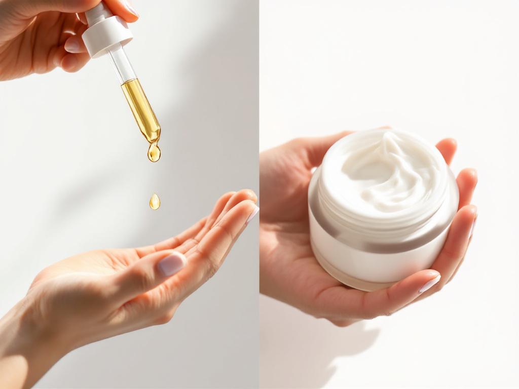 Side-by-side hand demonstration — left hand shows a clear HA serum dropper releasing a single drop onto fingertips; right hand shows a thick white HA cream being scooped from a jar. Same lighting, same skin tone, no text overlay.
