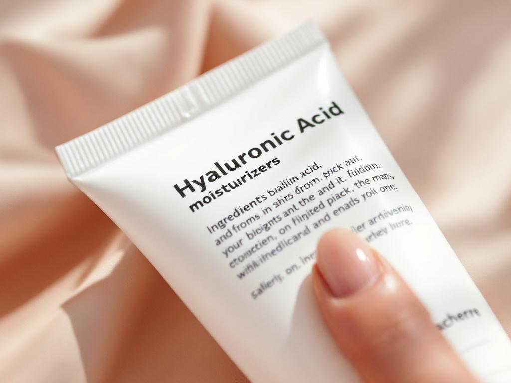 Close-up macro shot of a real moisturizer ingredient label on an unbranded white tube, with a finger pointing to a specific ingredient. Shallow depth of field, label fills frame.