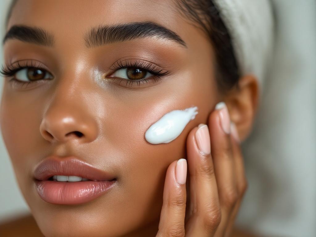 Editorial close-up of a person's face mid-routine, fingertips pressing product into one cheek. Diverse skin tone, natural lighting, no makeup.