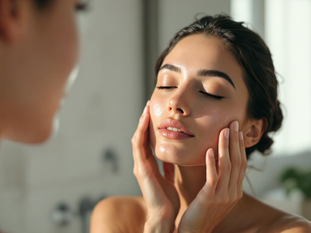 A hand pressing product into a slightly damp face after cleansing — visible water droplets on the skin, soft bathroom lighting. Demonstrates the "damp, not dry" application moment specifically.
