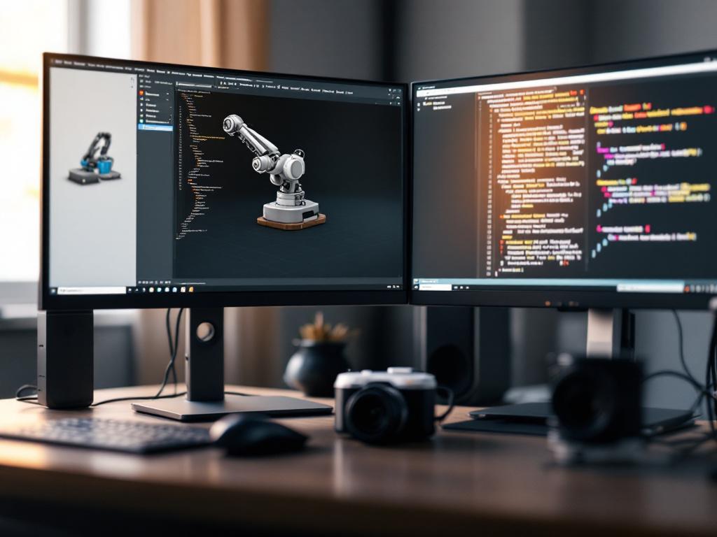 Hero shot — a developer's dual-monitor setup with a Gazebo simulation window (showing a 6-DOF arm or mobile base) on the left, a text editor displaying URDF XML on the right, and a physical robot or dev kit visible in soft focus on the desk. Wide ang
