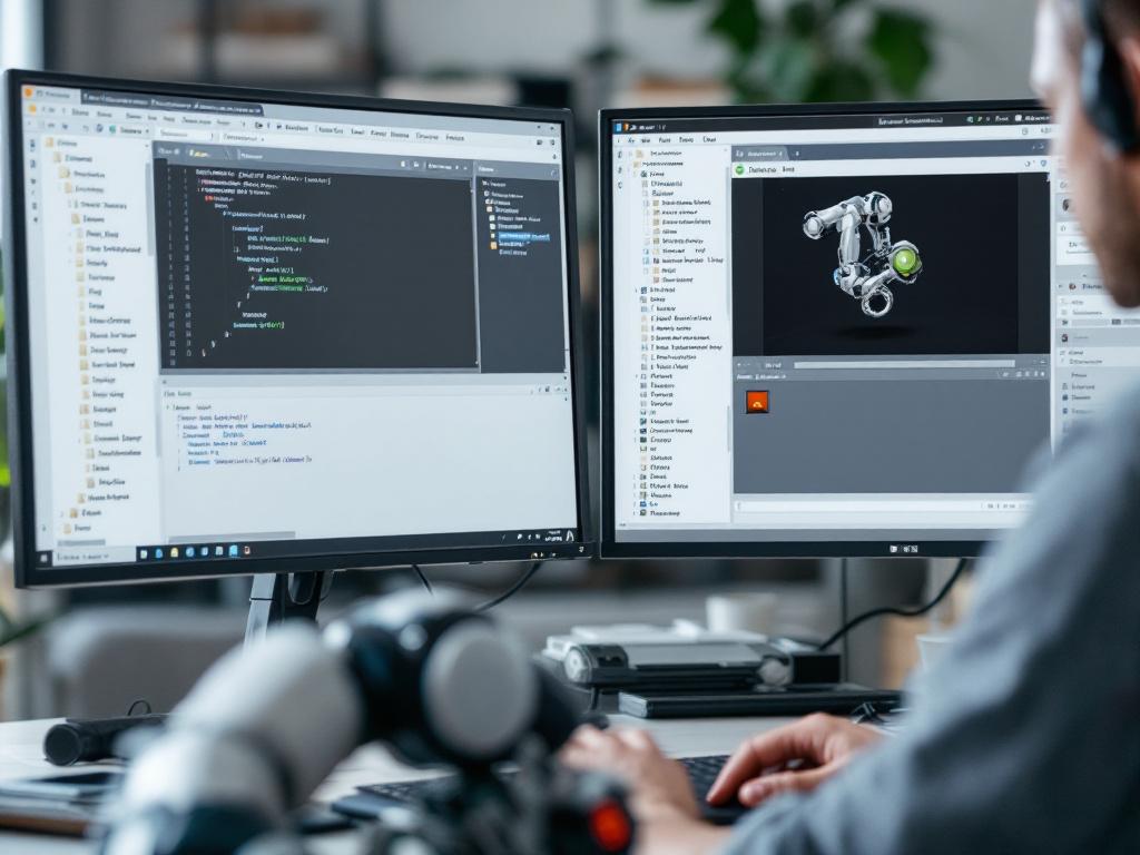 Over-the-shoulder shot of a developer at a workstation with a split monitor — left side shows a file explorer with urdf/, meshes/, launch/ directories expanded; right side shows a Gazebo window loading a robot. Physical robot or arm partially visible