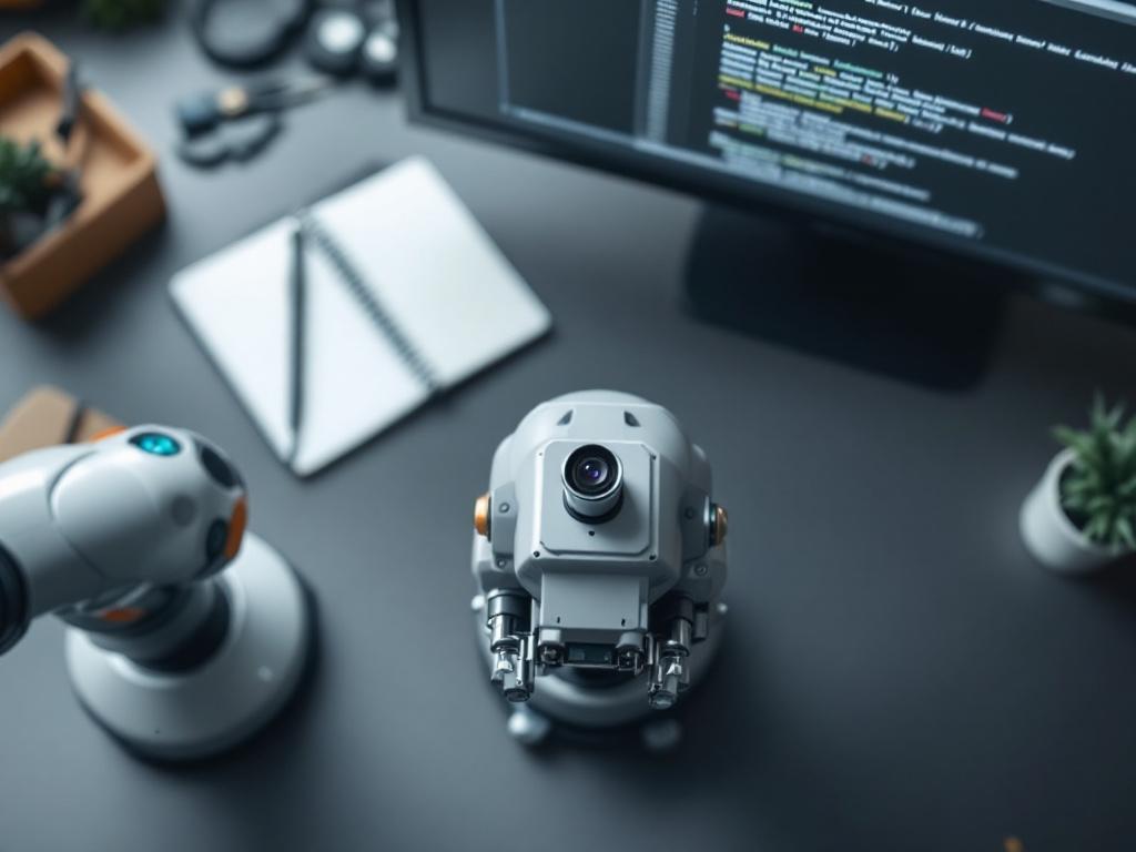 A workbench overhead shot showing a robotic gripper with a small camera module mounted near the end effector, with calipers and a small notebook visible. Background shows a monitor (out of focus) displaying XML code. No people in frame.