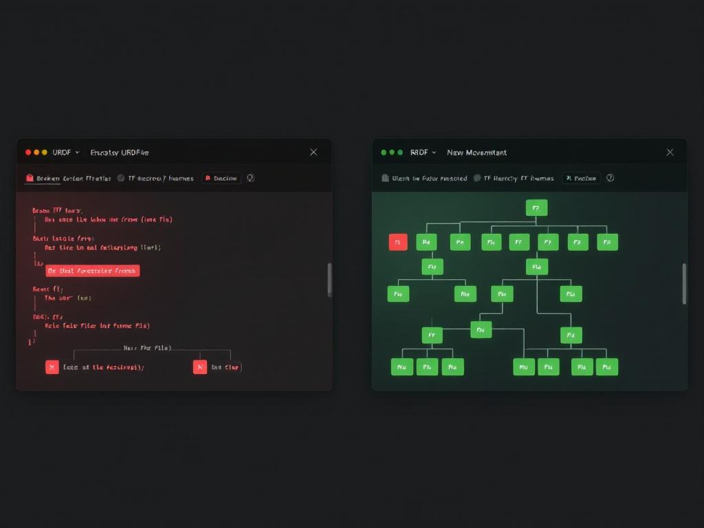 Two side-by-side RViz screenshots — left shows a broken TF tree with red error markers and missing frames; right shows a clean, fully-resolved TF hierarchy with all frames in green.