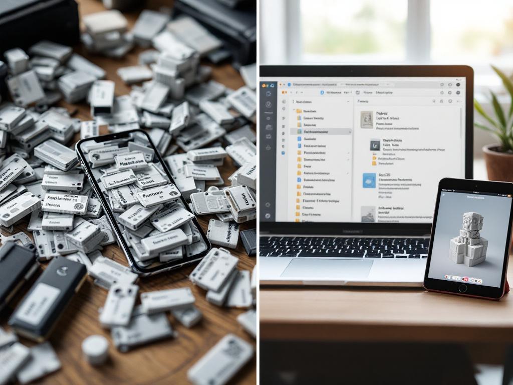 Split-frame composition. Left half: chaotic iPhone screen showing dozens of unnamed scan files in a Files app folder, alongside a messy desk with an unlabeled external SSD. Right half: clean MacBook screen showing a hierarchical folder structure (3D_
