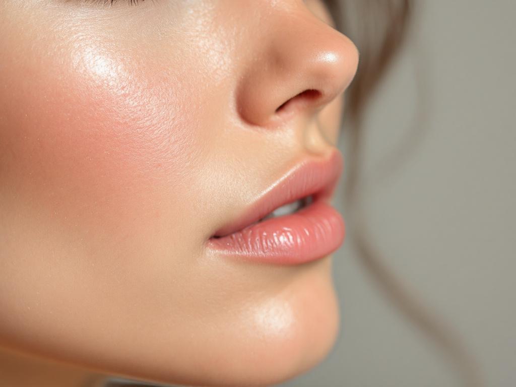 Close-up portrait of a woman's cheek showing mild diffuse redness and slightly flaky texture along the nasal fold, soft natural daylight, no makeup, neutral background. Should look like real reactive skin, not a beauty-campaign close-up.