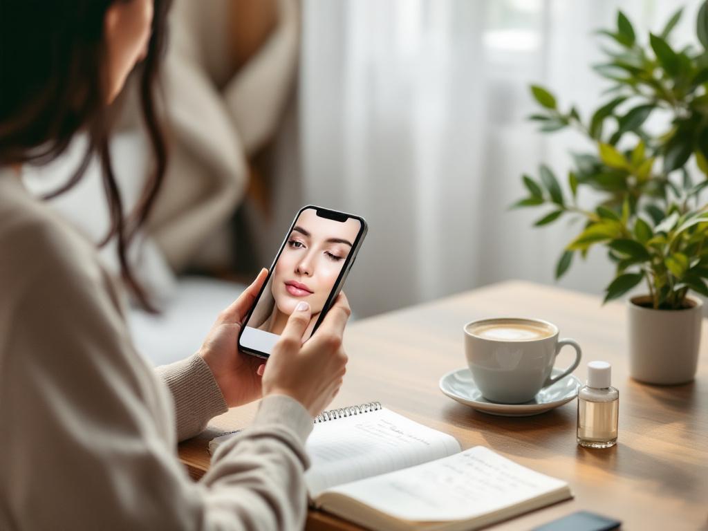 A person sitting at a kitchen table in soft window light, holding a smartphone to take a close-up selfie of their cheek; a notebook with handwritten notes and two skincare bottles sit next to a coffee cup. Communicates "real intake at home.&quot
