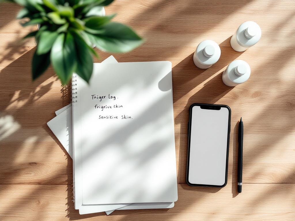 Overhead flat-lay on a wooden table — open notebook with handwritten trigger log entries visible, a smartphone showing a partially completed intake form, three skincare bottles arranged with ingredient labels facing up, a pen. Natural daylight.