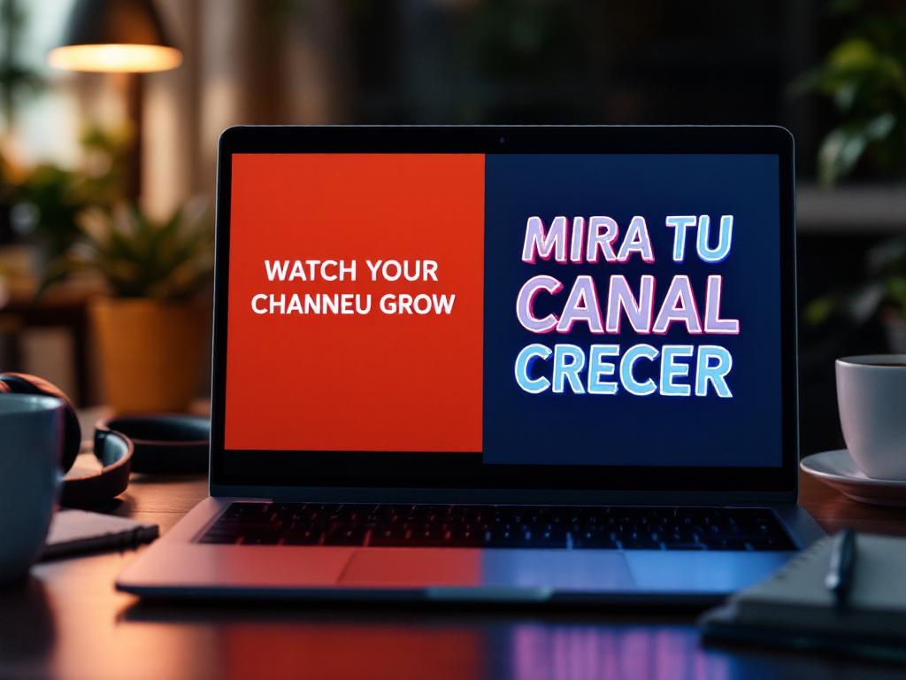 A laptop screen displaying a split-frame video preview — left side shows a flat 2D English title "WATCH YOUR CHANNEL GROW," right side shows the same frame with extruded, beveled 3D text in Spanish ("MIRA TU CANAL CRECER"). Backgr