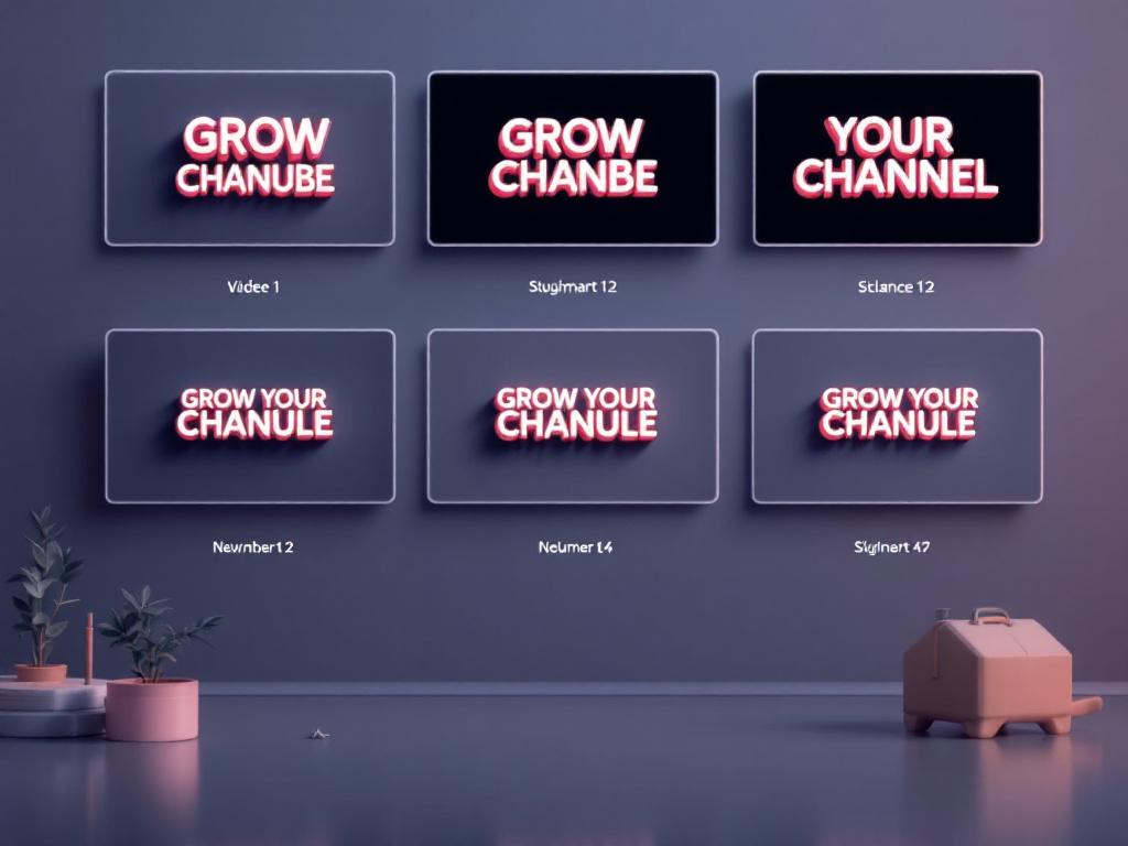 Composite image showing five video frames arranged in a 2x3 grid (one empty slot for breathing room). Each frame shows the phrase "GROW YOUR CHANNEL" rendered in one of the five styles above. Label each style underneath. Landscape, 1200x800
