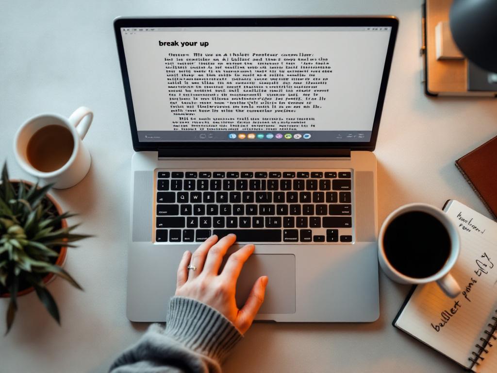 Toma aérea de la pantalla de una computadora portátil mostrando un párrafo denso de texto resaltado con marcas editoriales (