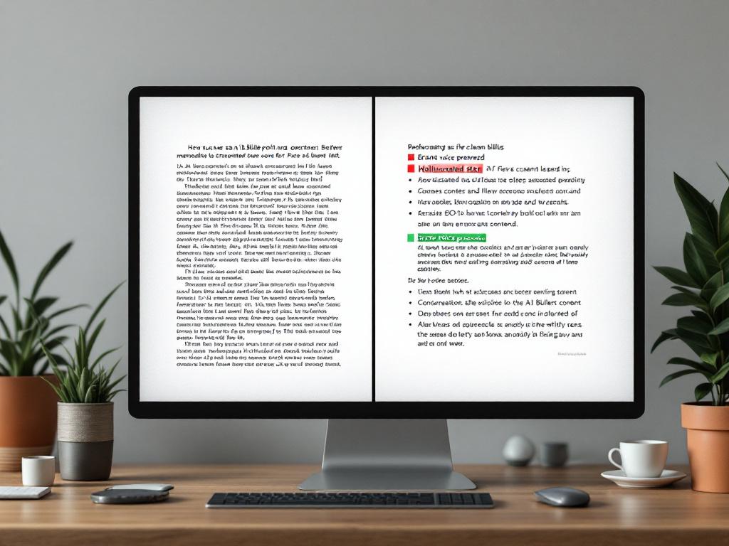 Pantalla dividida primer plano de un monitor. El lado izquierdo muestra un párrafo denso de copia de marketing con formato desordenado. El lado derecho muestra el mismo contenido reformateado como cinco viñetas limpias con lead-ins en negrita. Las anotaciones destacan una viñeta señalada en rojo