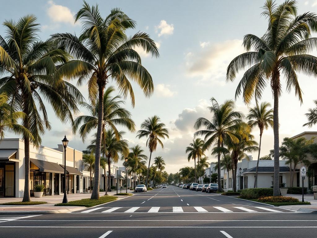 A street-level shot of Boynton Beach showing a mixed-use block — palm trees, low-rise commercial buildings, residential frontage in the background. Slight golden-hour lighting. Wide horizontal framing for hero treatment.