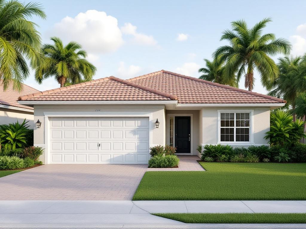 Exterior of a typical $500K Boynton Beach single-family home — single-story, stucco, barrel-tile roof, mature landscaping, two-car garage, modest front lawn. Daytime, slightly elevated angle.