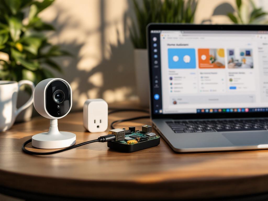 A hero shot of a tidy home office desk. On the left: a Wyze Cam v3 and a Wyze plug. On the right: a laptop displaying Home Assistant's Lovelace dashboard with a live camera feed tile and a plug toggle. A small Raspberry Pi 4 in a case sits between th