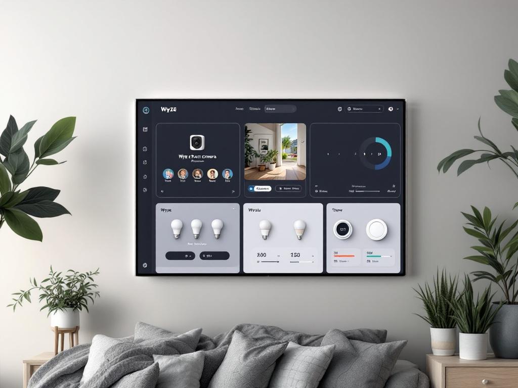 Screenshot of a Home Assistant Lovelace dashboard showing a Wyze camera tile with live feed, three Wyze plug toggles, two color bulb cards with brightness sliders, and a thermostat card. Dark mode.