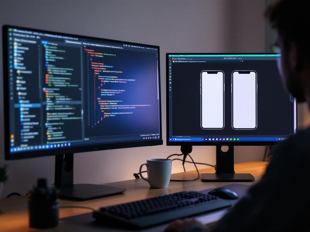 Hero image. Developer's desk with two monitors. Left monitor shows Android Studio with a Kotlin Multiplatform project tree (commonMain / androidMain / iosMain folders visible in sidebar). Right monitor shows the same app rendered on an iOS simulator
