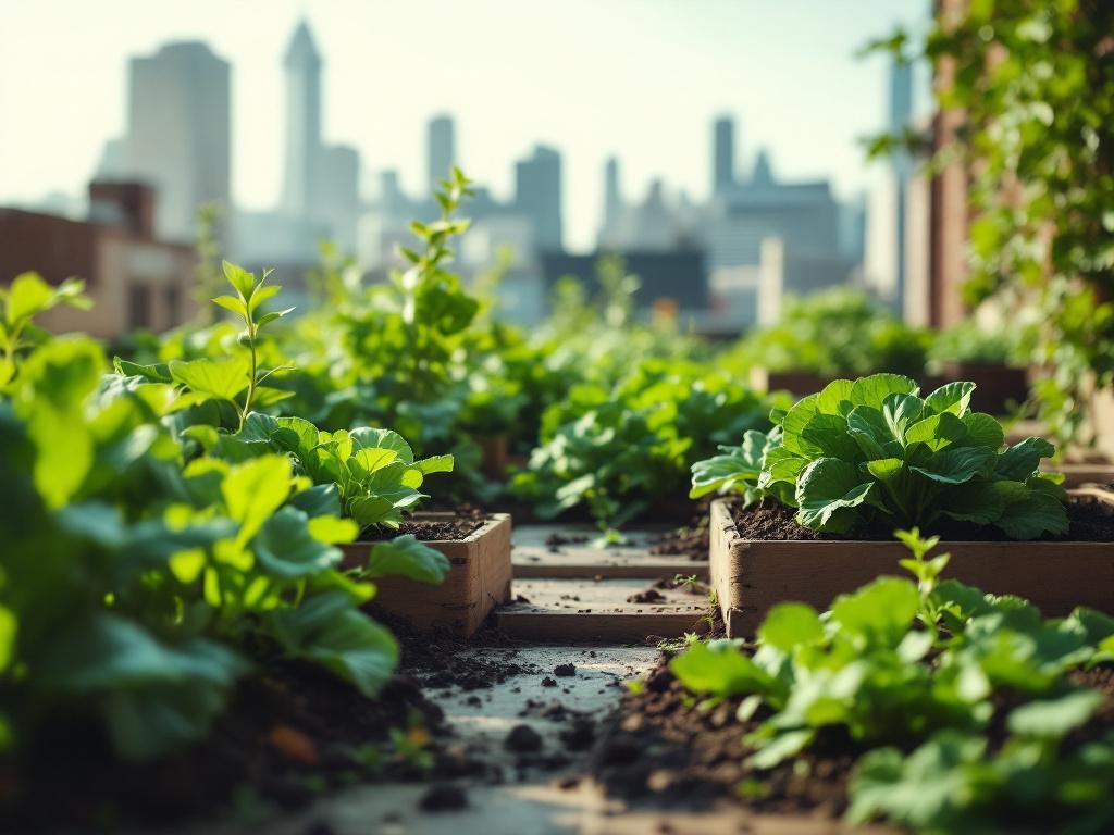 Hero image — a rooftop farm in dense urban setting with city skyline visible behind raised beds growing leafy greens; midday natural light; emphasizes scale contrast between built environment and growing space.