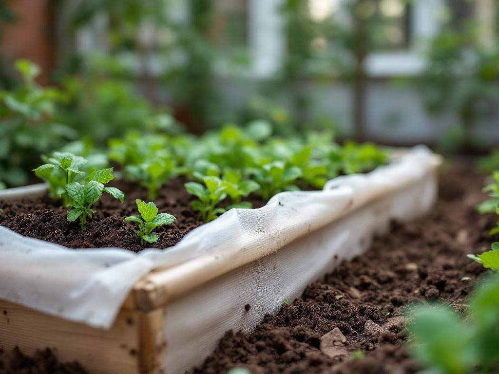 A raised bed under construction in an urban lot — visible geotextile barrier, clean compost layer being added, soil test kit on bed edge. Demonstrates contamination mitigation.