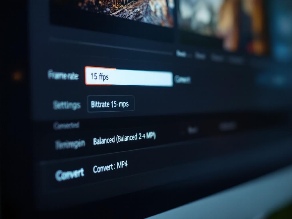 لقطة مقربة من لوحة إعدادات المحول أثناء التكوين — صندوق إدخال معدل الإطارات يعرض "15 fps،" منسدل المعدل الثنائي يعرض "متوازن (2-4 ميجابايت في الثانية)،" محدد الصيغة على MP4، وزر "تحويل". تم التقاطه مباشرة ب