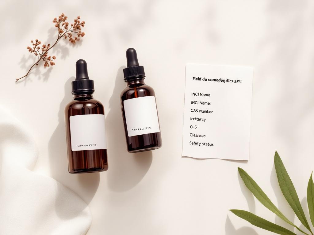 Flat-lay on a neutral surface — three skincare bottles laid out (a moisturizer, a serum, a cleanser), each with a printed paper "field card" beside it listing INCI name, CAS number, comedogenicity 0–5, irritancy 0–5, safety_status. Conveys