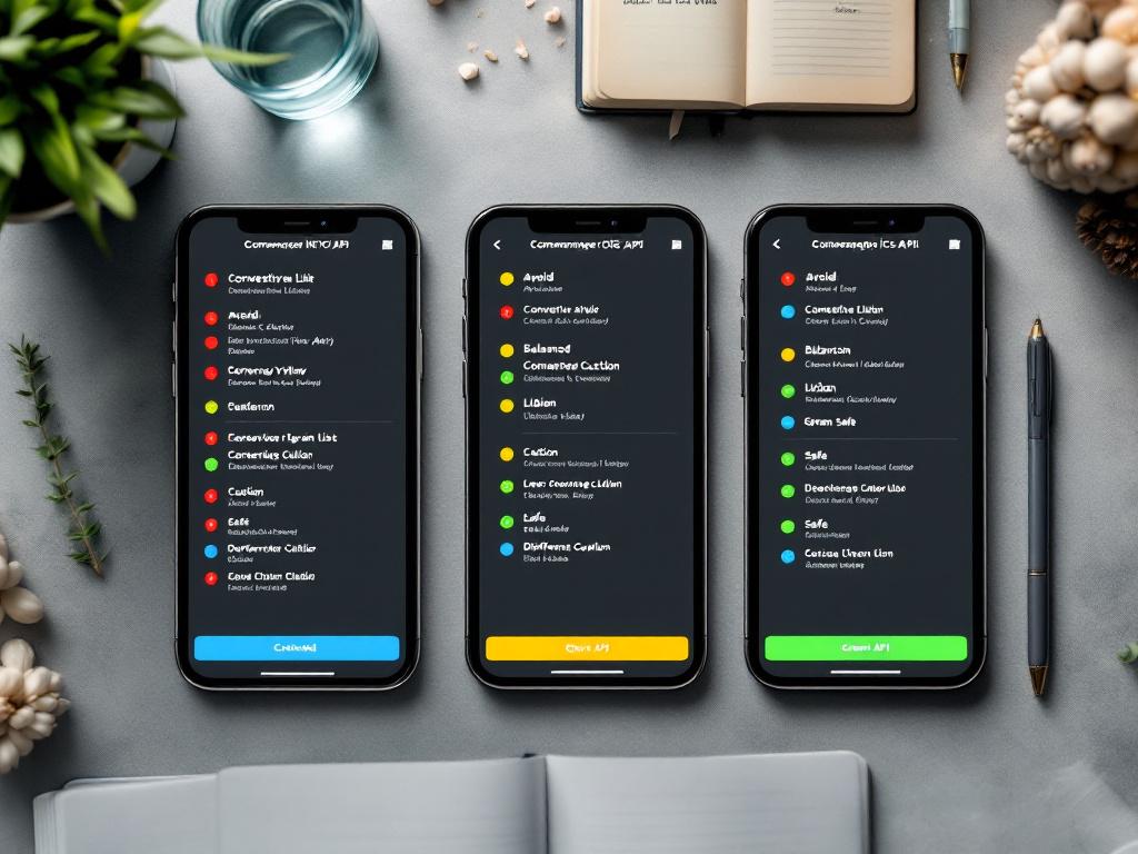 Split-screen mockup — same product ingredient list rendered three ways on three phone screens side-by-side, each showing different threshold outputs (left: conservative shows red "avoid"; center: balanced shows yellow "caution"; r