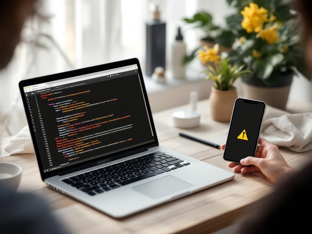 Desk scene — open laptop showing a terminal window with `curl POST /v1/analyze` output, next to a mobile phone showing the same product's resulting "caution" badge. Implies "code ships to UI."