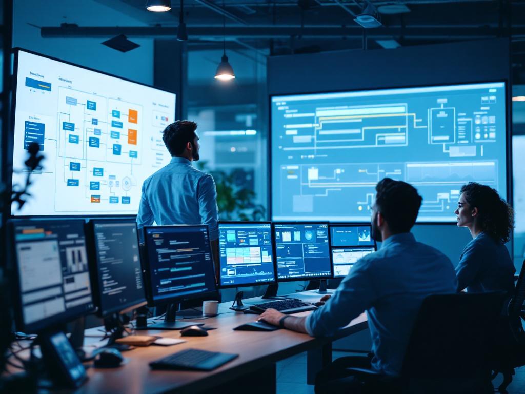 Wide-angle shot of an enterprise operations center — multiple monitors showing workflow dashboards and process maps, two professionals (one standing, one seated) reviewing a swimlane diagram on a large wall display. Cool blue/grey lighting, modern op