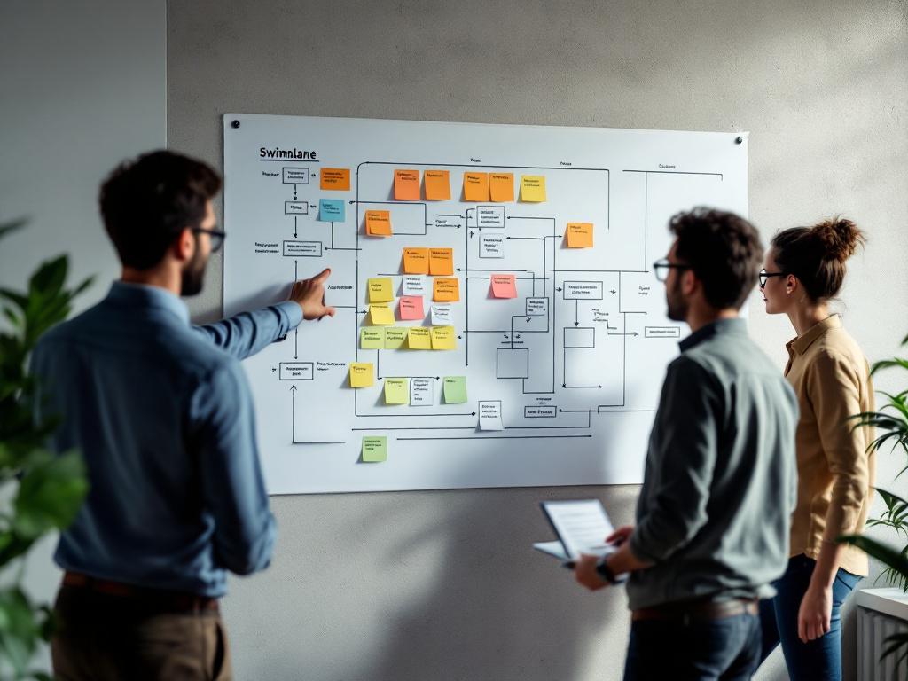 Cross-functional team mid-discussion around a wall covered with process-mapping sticky notes and printed swimlane diagrams. Three to four people — one pointing at a flow, another taking notes on a laptop, another standing back evaluating. Real workin