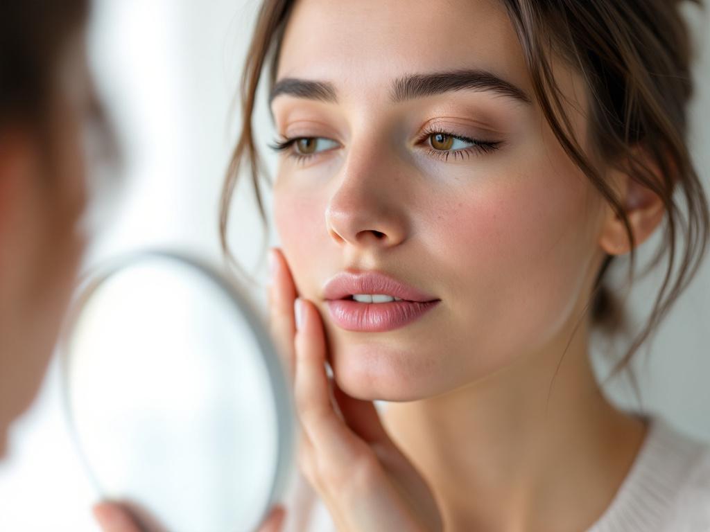 Close-up portrait of a woman in her 30s–40s with visible facial flushing across cheeks and nose, soft natural window light, neutral skin-tone background, looking thoughtfully into a handheld mirror. Editorial, warm, clinical-but-human aesthetic. Capt
