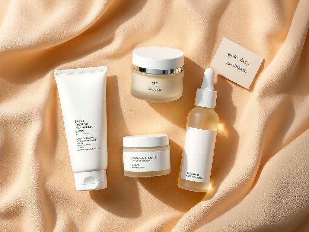 Overhead flat-lay on warm linen of a minimalist rosacea-safe skincare lineup — mineral SPF tube, ceramide moisturizer jar, gentle non-foaming cleanser bottle, single azelaic acid serum, with a small folded note that reads "gentle, daily, consist