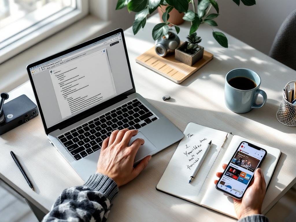 لقطة مكتب المبدع من الأعلى — جهاز كمبيوتر محمول مفتوح يعرض محرر نصوص/واجهة دردشة، دفتر ملاحظات ورقي مع خطوط مكتوبة بخط اليد، هاتف ذكي يعرض لوحة معلومات استوديو YouTube، فنجان قهوة نصف فارغ، إضاءة طبيعية ناعمة من النافذة. في منتصف المشروع