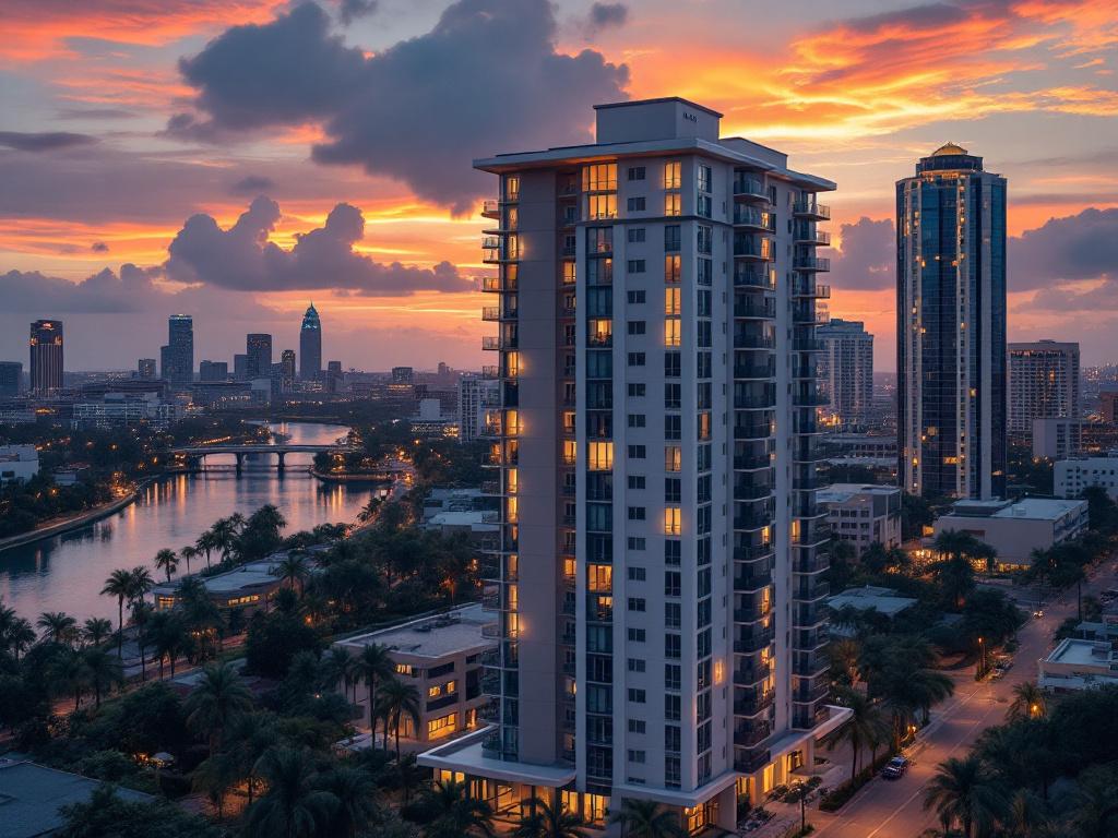 Aerial twilight shot of a mid-rise Orlando condo building with downtown skyline behind it, palm trees in foreground, warm sunset light. No theme-park imagery.