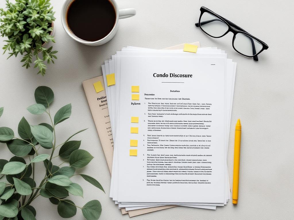 Flat-lay overhead shot of condo disclosure document stack — declaration, bylaws, year-end financial statement — with yellow highlighter, sticky tabs marking pages, reading glasses and coffee cup in frame. Real documents, not stock-clean.