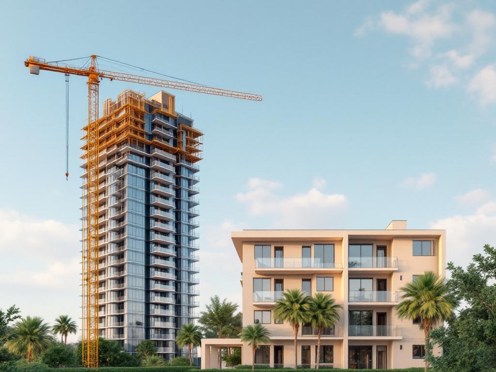 Side-by-side framing: foreground showing a glass-balcony new-construction tower under construction with crane, background showing a 1990s low-rise stucco condo building. Both Orlando-typical architecture, daytime.
