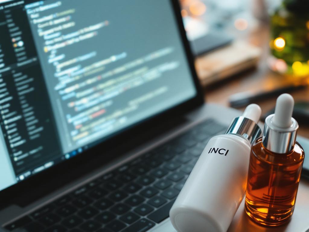 Close-up overhead shot of a developer's laptop screen showing a JSON response with ingredient names visible (Glycerin, Petrolatum, Squalane), alongside a skincare bottle with the INCI list facing up. Warm desk lighting, shallow depth of field. 1600×9
