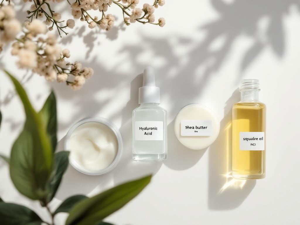 Flat-lay studio shot on white surface — a glass jar of petroleum jelly, a small dropper bottle labeled "Hyaluronic Acid," a tin of shea butter, and a clear vial of squalane oil. Each labeled with a small printed tag showing INCI name. Soft,