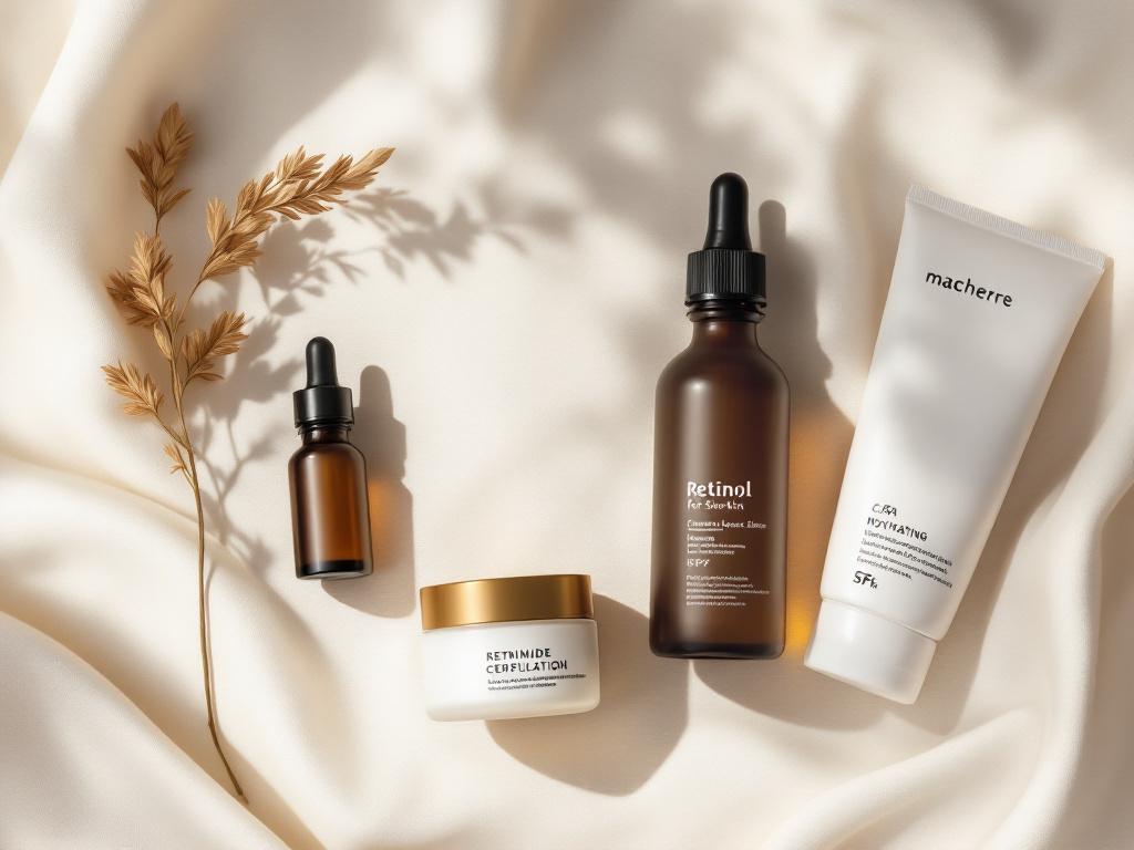 Flat-lay on a soft cream or oat-colored linen background showing a small dropper bottle in opaque amber glass, a squat ceramide moisturizer jar, a hydrating toner bottle, a tube of mineral SPF, and a sprig of dried cica leaf. Shot from a 45-degree an
