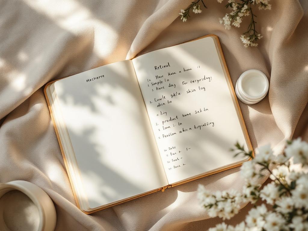 Close-up overhead shot of a small notebook or phone open to a simple skin log — handwritten entries with dates, product name, and a 1-5 reaction scale, with a small jar of moisturizer beside it. Warm, calm lighting. Suggests reflection and tracking,