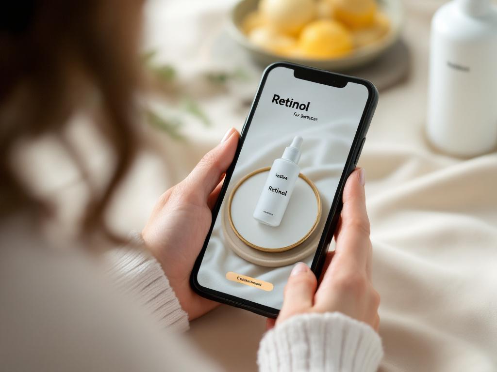 Hands holding a phone showing a skincare-app-style ingredient scan screen, with a retinol product bottle visible in the background on a soft cream surface. Suggests the practical scan-before-you-buy moment without being a literal app screenshot.