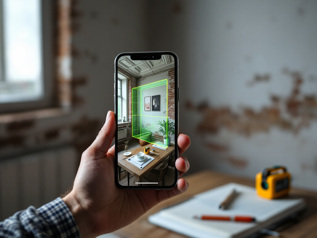 iPhone Pro held in landscape orientation roughly 2 meters from an interior corner where a plastered wall meets exposed brick and a coffered ceiling. The phone screen visible at an angle shows the live mesh overlay in green/wireframe. Natural diffuse 