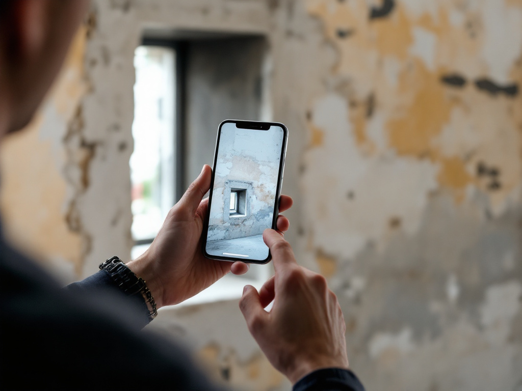 Close-up of an architect's hands holding an iPhone Pro at approximately 2 meters from a stone window reveal in a renovation site. Phone visible in lower third of frame; window reveal with peeling paint and irregular masonry fills the upper portion. S
