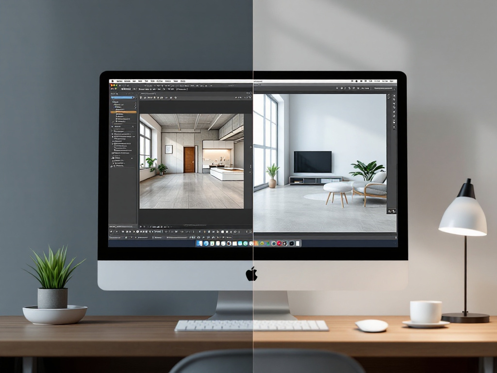 Split-screen composite or layered desktop screenshot: left side shows a textured OBJ mesh of an interior space loaded in Rhino with a new design layer (walls, partitions) being traced over it; right side shows the same scan in USDZ format viewed in i