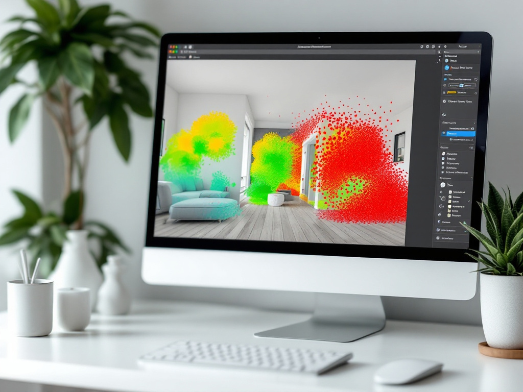 Desktop screenshot or workspace photo showing CloudCompare open with a colored point cloud of an interior space mid-cleanup: visible outlier points selected in red against the main cloud in natural colors. Side panel showing the SOR filter dialog. Re