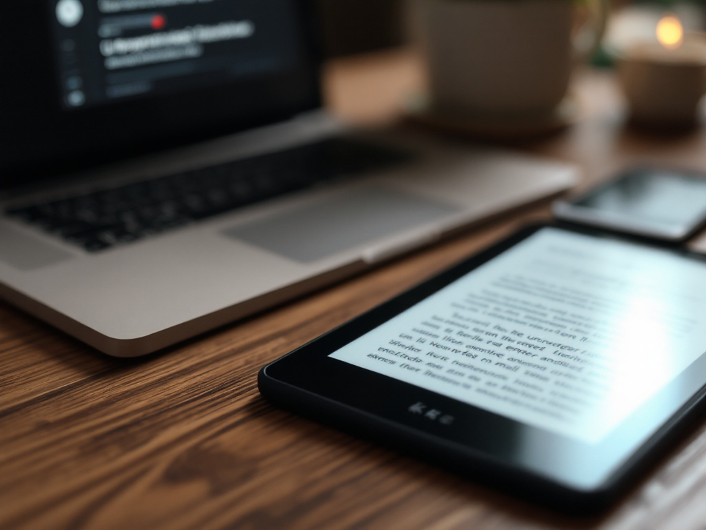 Close-up of a Kindle Paperwhite resting on a wooden desk beside an open laptop showing an email inbox with a visible rejection notification. Warm overhead lighting, slight depth-of-field blur on the laptop screen. Shot at a 30-degree angle showing bo
