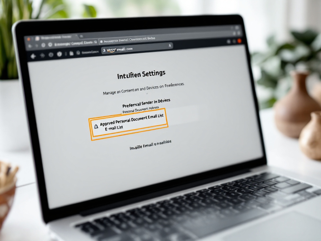 Screenshot-style composition showing a laptop screen displaying the Amazon "Manage Your Content and Devices → Preferences → Personal Document Settings" page, with the "Approved Personal Document E-mail List" section highlighted wi