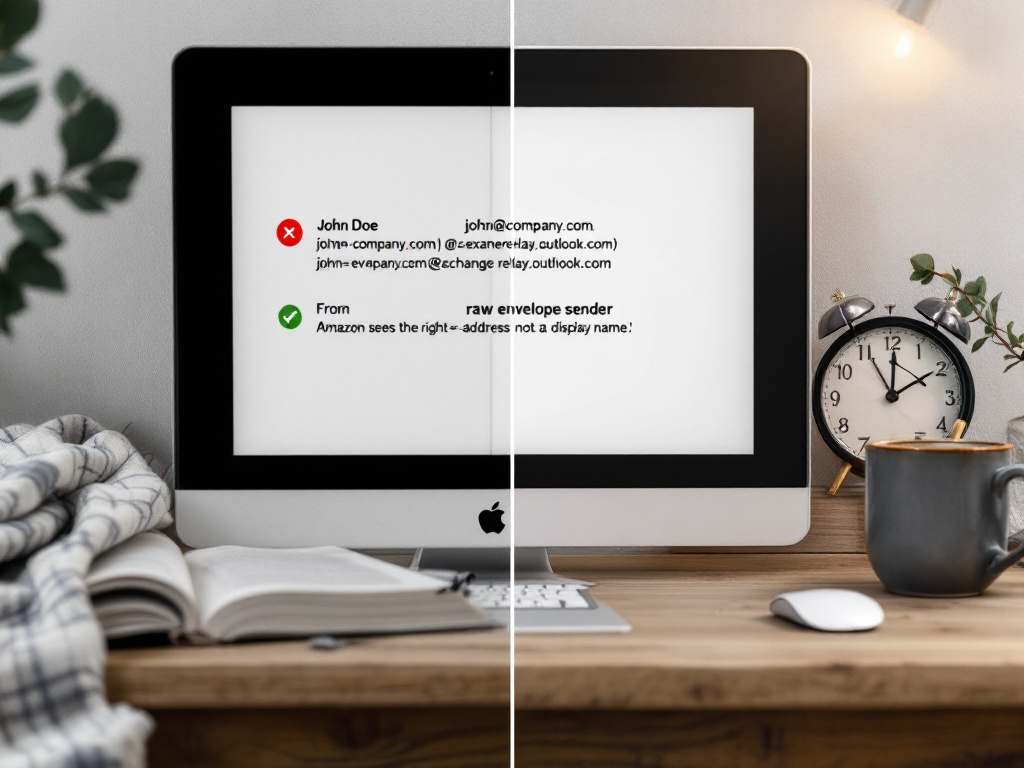 Split-screen composition showing two email "From" headers side by side on a screen. Left side shows "John Doe <john@company.com>" with a red X icon. Right side shows the raw envelope sender "john=company.com@exchange-relay.ou