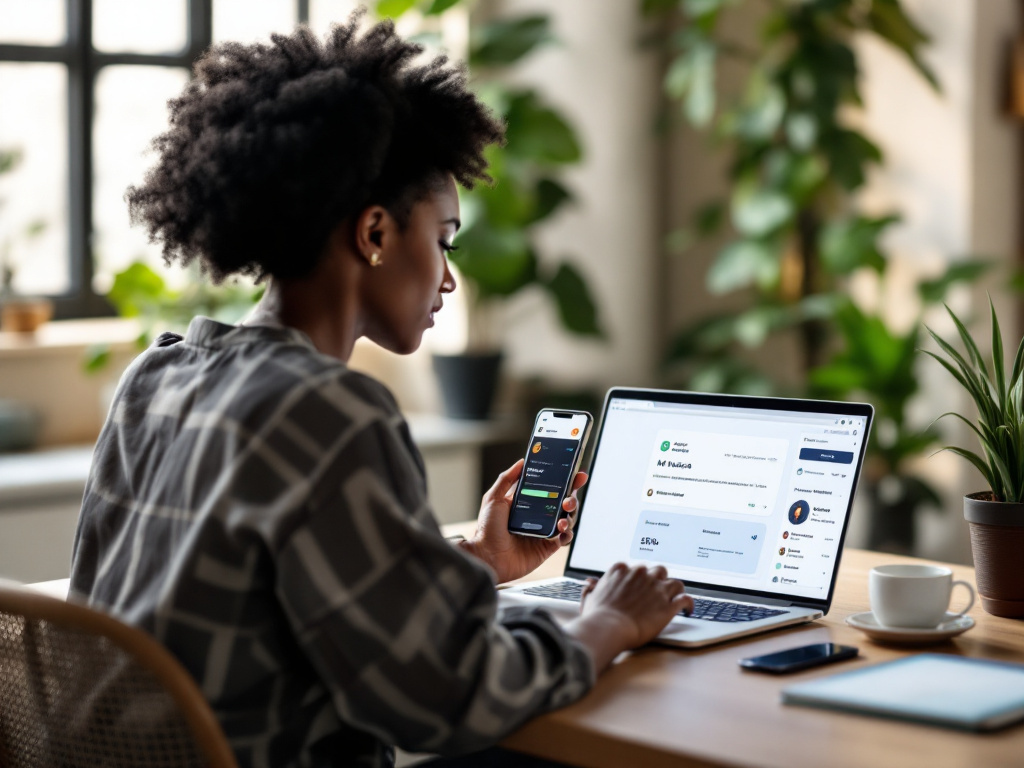 Hero image — A young African woman at a desk in a co-working space (Nairobi or Lagos aesthetic), laptop open showing a payment link interface and a connected MetaMask wallet, smartphone showing M-Pesa balance side-by-side. Natural daylight, modern bu