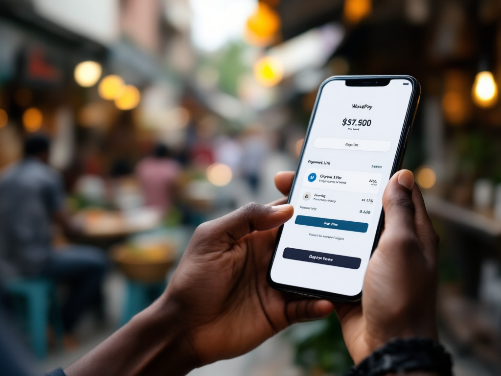 Close-up of a smartphone screen showing a crypto payment link interface in the foreground, with a blurred background of a Lagos street market or Nairobi café. The phone holder's hand is visible.