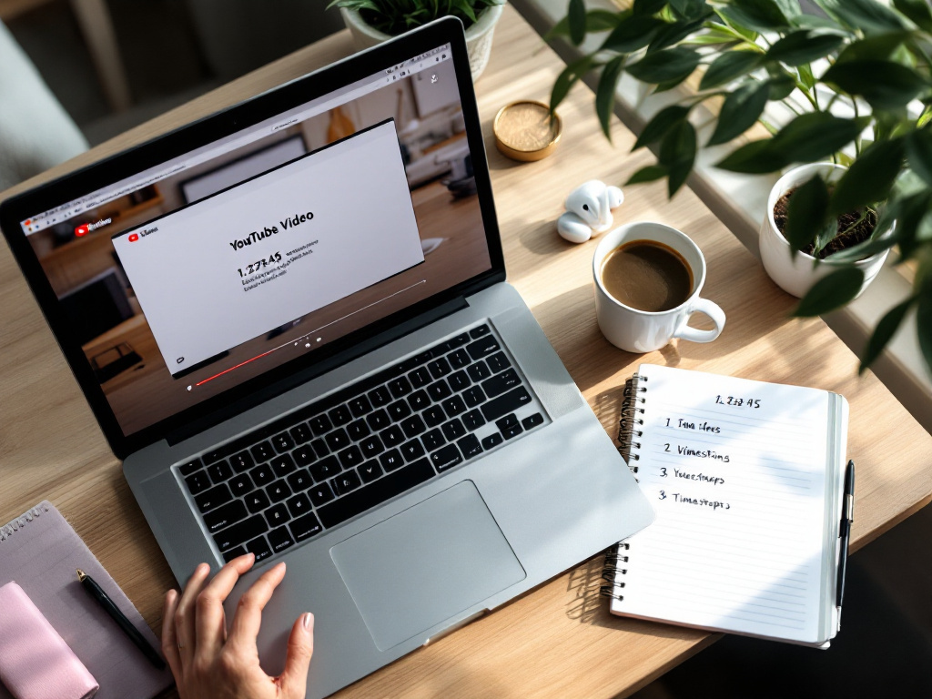 Photo de bureau en vue aérienne — écran d'ordinateur portable affichant une vidéo YouTube en pause au timestamp 1:23:45 à côté d'une application de notes ouverte avec trois points de puce à moitié rédigés ; tasse de café, AirPods, un carnet avec une liste de timestamps griffonnée. Lumière naturelle chaleureuse, légèrement cl